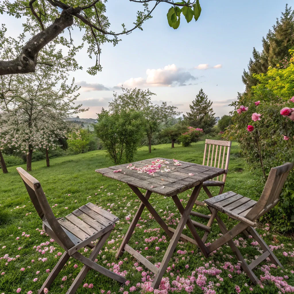 Wooden table and chairs in a garden
